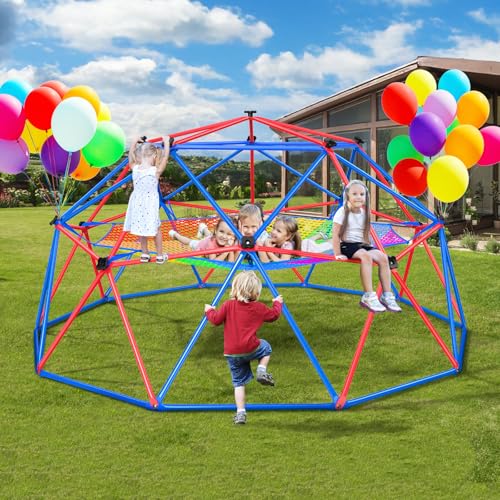 Hapfan Climbing Dome with Climbing Cargo Net, 10 ft Dome Jungle Gym with Hammock for Kids Outdoor Playset Monkey Bars Backyard (Red and Blue) - color: Red and Blue