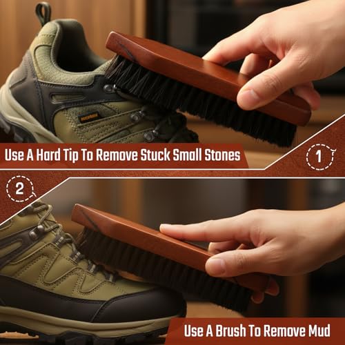 Vesici 3 Pcs Boot Brush Shoe Cleaning Horsehair Brush Wood Handled Shoe Cleaner Tool for Leather Care Dirt Scrubber Women Men Home Accessories