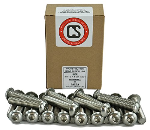 Chenango Supply 3/8-16 x 1-3/4" Stainless Socket Button Head Cap Screws | 18-8, Coarse Thread, Full Thread, Hex Drive, Corrosion-Resistant - size: 3/8-16 X 1-3/4