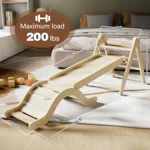 Pikler Triangle Set 7in1 Toddler Climbing Toys Indoor Foldable Baby Climbing Toys Wooden Montessori Climbing Set with Arch, Ramp, Ladder for 1-3 Years, Jungle Gym for Kids (Natural)