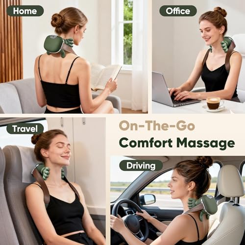 Neck Massager with Heat, Cordless Human-Like Massage, Pain Relief, Green | Neck Massager with 2 Heat Levels and 10-Min Auto Shut-Off, Relax Neck & Shoulders at Home, Office, Breaks or Before Sleep