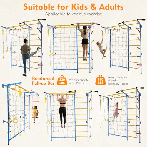 Indoor Playground, Wall Gym, in 1 Monkey Bars Climbing Ladder with Pull Up Bar, Rope Ladder, Rope Wall, Rope, Gymnastic Rings, Indoor Exercise Equipment for Kids and Adults