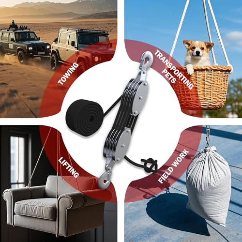 YATOINTO Rope Hoist Pulley System with Metal Bearing, 4400LB Pulley Block and Tackle, 8:1 Lifting Power 65ft, Heavy Duty Pulley Block for Hunting Lifting Heavy Objects Garage Warehouses Building - size: 4 Pulley