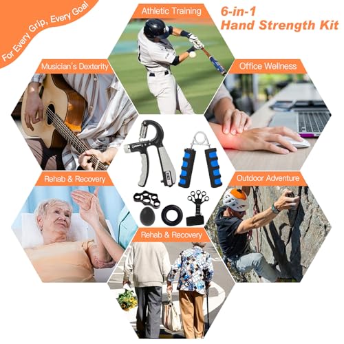 CYFIE Grip Strength Trainer Kit, Adjustable Hand Gripper Strengthener, Forearm Strengthener & Finger Exerciser Set with Finger Stretcher, Stress Ball & Grip Ring for Athletes, Rock Climbing & Rehab - color: BLUE & BLACK