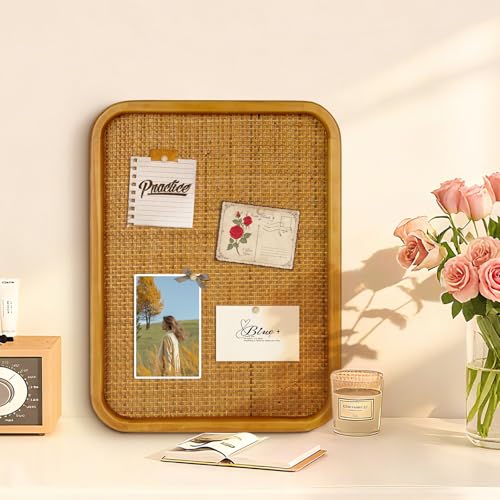13" x 17" Bulletin Board, Round-Edged Rectangle Rattan Corkboard, Wooden Frame Boho Style Wall Organizer,3343Teng - size: 13*17 inch