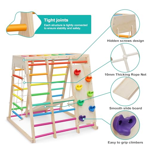 7 in 1 Pikler Indoor Playground Jungle Gym Playset, Wooden Montessori Climber with Slide, Rock Climb Wall, Monkey Bars, Rope Ladder, Climbing Rope and Swing for Kids(Rainbow)