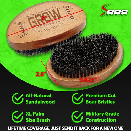Beard Growth Kit w/GROW XXL Beard Oil/Serum for Facial Hair Growth for Men + 100% Lifetime Replacement First Cut Boar Bristle Brush & 360 Wave Brush for Men - Formulated in America - size: XL Brush + GROW