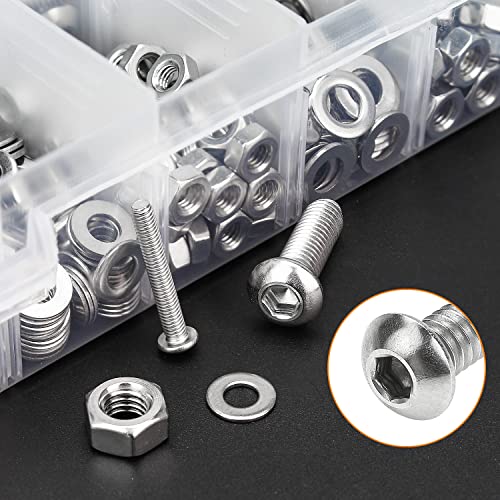 HELIFOUNER 810 Pieces M3 M4 M5 M6 304 Stainless Steel Button Head Socket Cap Metric Screws Bolts, Flat Washers and Nuts Assortment Kit with Hex Wrenches - size: M3 M4 M5 M6 (810 Pieces), style: Button Head Screws