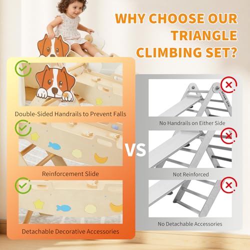 7-in-1 Collapsible Climbing Triangle Climbing Set for Toddlers, Wooden Indoor Jungle Gym Playground with Arch, Ramp & Ladder, Space-Saving, Toddler Climbing Toys, Natural Wood Color - color: Wooden Frame