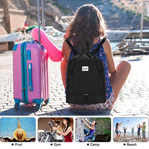 Dry Wet Drawstring Backpack with Shoe Compartment for Women Adjustable Gym Bag - color: Black