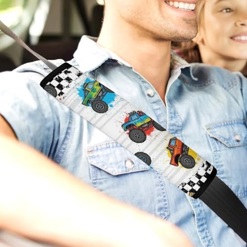 2 Pack Colorful Monster Truck Cartoon Trucks Checkered Car Seat Belt Pad Soft Padded Harness Pads Strap for Child, Car Seats Pushchair Strollers High Chair Pushchair, Anti-Slip Pad - color: Pattern 246