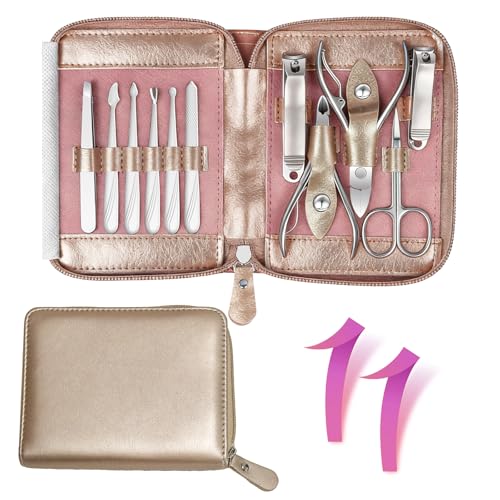 Manicure Set 11 in 1 Stainless Steel Nail Clippers for Men,Manicure Kit for Women,Nail Grooming Kit,Nail Clipper Set,Personal Care Tools(Champagne Colour) - color: Champagne Colour