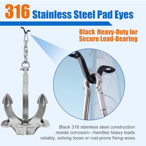 Black 316 Stainless Steel Pad Eye Straps, Marine Grade Footman Loop Kit with Screws & Expansion Anchors, Deck Loops for Bimini Boat Top, Kayak Tie Down, Wall Mount Rigging Hardware - size: 8 Set with Expansion Anchors