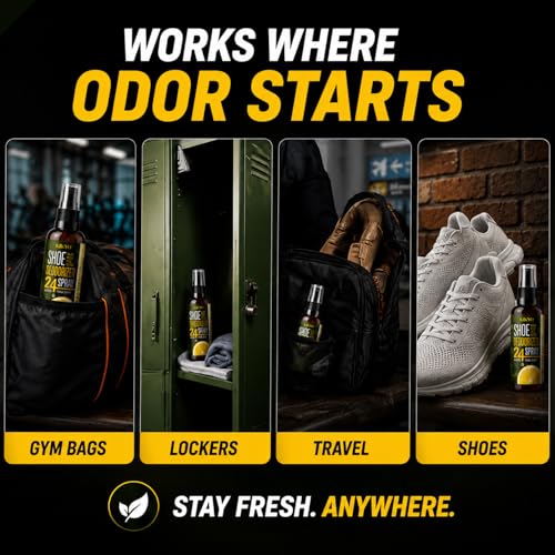 KIKYO Shoe Deodorizer Spray - Natural Plant-Powered Odor Eliminator for Smelly Shoes, Sneakers, Work Boots, 24 Fresh Protection & Lemon Eucalyptus Scent, 4 oz