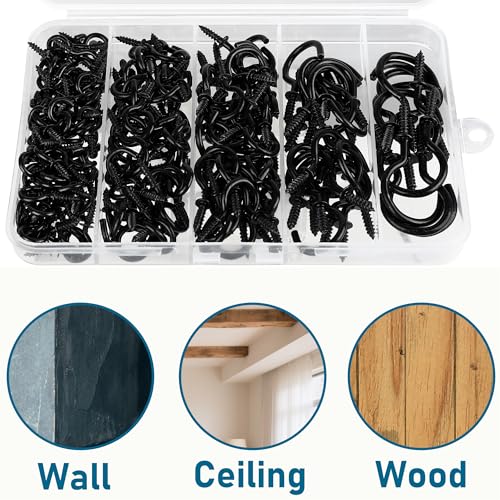 200 Pcs Screw Hooks kit, 6 Sizes Vinyl Coated Ceilling Wall Cup Hook | for Hanging Plant, Mug, Coffee Cups, String Light Decors, Indoor & Outdoor, Black (1/2in, 5/8in,3/4in,7/8in,1in,1-1/4in)