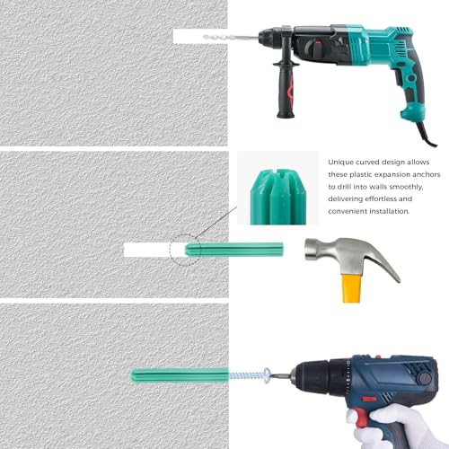 100 Pcs 7mm (1/4") x 50mm Plastic Expansion Anchors, Heavy Duty Green PE Wall Plugs for Concrete, Brick, Drywall & Hollow Walls - size: 7*50