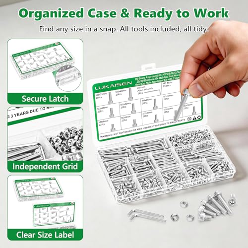 466 Pcs M3 Hex Socket Cap Screws Nuts Washers Wrench Kit, 304 SS | (6mm-40mm) with 2 Hex Wrenches, Metric Fastener Set for 3D Printing & Machinery DIY Repair,Clear Label Storage Box - size: SS M2 466pcs 3