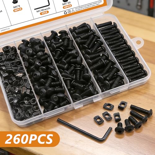 mankk 260PCS M5 T-Nuts and Bolts Assortment Kit for 2020 Aluminum Extrusion | M5 screws 8–20mm, hex socket bolts, T-slot sliding nuts, equipped with matching allen wrench - size: M5 Kit