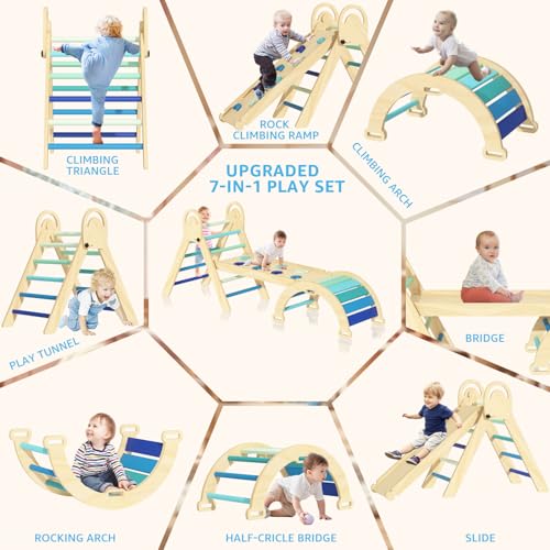 Pikler Triangle Set, Montessori Climbing Set, Baby Climbing Playset Toys Indoor, Jungle Gyms for Toddlers Ages 1-4, Toddler Climbing Playground (Blue-Nature) - color: Nature-blue