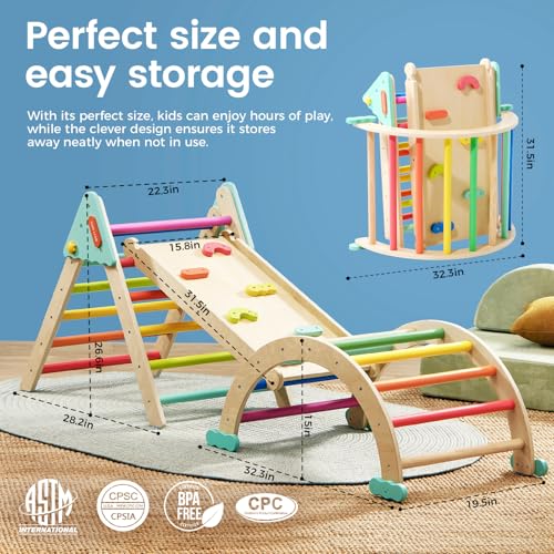Tiny Land Pikler Triangle Set,7-in-1 Foldable Montessori Climbing Toys | Indoor Wooden Playground Jungle Gym for Kids, Climber Gift for Boys & Girls Toddler Climbing Toys (Rainbow)