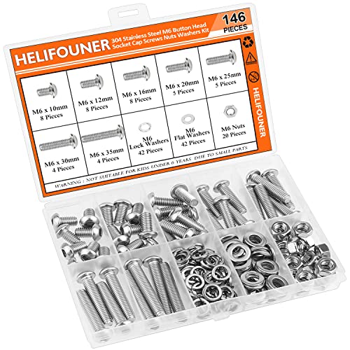 HELIFOUNER 146 Pieces M6 x 10mm /12mm /16mm /20mm /25mm /30mm /35mm, Button Head Socket Cap Screws Bolts Washers Nuts Kit, 304 Stainless Steel - size: M6, style: Button Head Screws