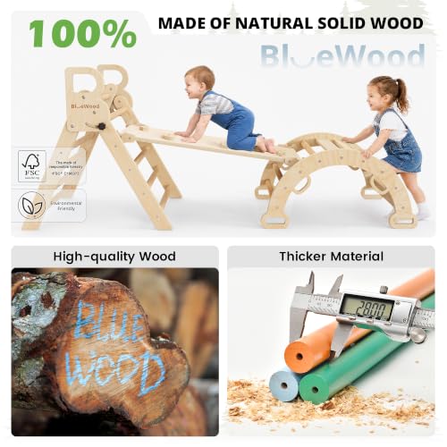 Pikler Triangle Set with Cushion, Wooden Climbing Toys for Toddler | Foldable 8-in-1 Montessori Philosophy Toddler Climbing Toys Indoor with Reversible Ramp, Arch and Ladder - Natural Wood - color: Natural Wood