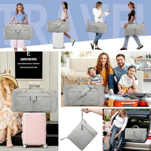 65L Foldable Duffle Bag with Shoe Compartment - Large Travel Duffel Bag for Men & Women, Packable Weekend Bag with Trolley Sleeve, Water-Resistant & Lightweight Gym Bag for Travel, Sports(Beige) - color: Beige