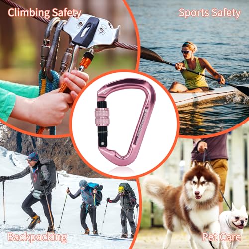 NewDoar CE Certified 30kN-6744lbs Climbing Carabiner Professional, Heavy Duty D Screwgate Clip, for Climbing,Rappelling,Hunting, Rescue - color: Screwgate/Pink/2pcs