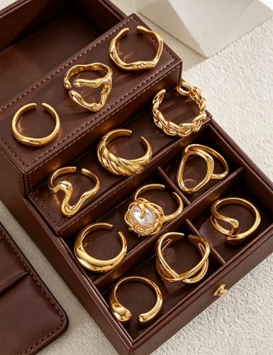 YEEZII Chunky Gold Rings for Women Non Tarnish, 18K Gold Plated Stackable Thumb Ring, Statement Women Rings Set - color: Gold-E