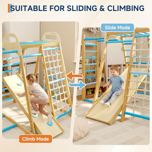 7-in-1 Wooden Jungle Gym, Indoor Kids Climbing Playset for Toddlers - color: Blue