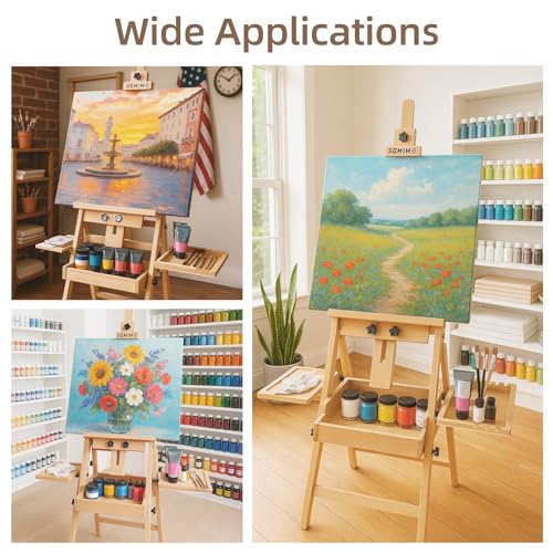 Horizontal Beechwood Studio Easel with Drawer and Palettes, Natural | H-Frame Solid Wooden Painting Easel for Students, Beginners, and Artists, Hold Canvas to 50Inches High - style: Horizontal Natural