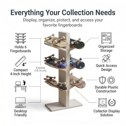 Fingerboard Holder Display Stand for 6 Fingerboards, Desktop Fingerboard Display and Storage Rack, Mini Skateboard Organizer, Plastic Fingerboard Collection Showcase, Fingerboards Accessories