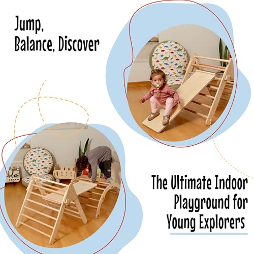 Montessori Wooden Climbing Set for Kids | Montessori Climbing Triangle Climbing Dome Ramp and Pillow | Montessori Climbing Frame Set for Toddler | Montessori Playground | Kids Play Gym(Dino) - style: Dino