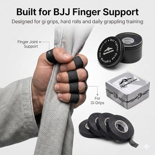 BJJ Finger Tape with Metal Storage Tin – 6 Rolls 26ft x 0.3in | Jiu Jitsu Grappling Tape | Strong Finger Support | Breathable Cotton | Residue-Free | MMA Wrestling Rock Climbing - color: White