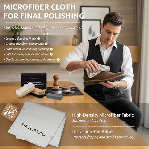 TAKAVU Suede & Nubuck Cleaning Kit, Crepe & Brass Brush, Eraser Block | Restores Suede Shoes & Boots, Includes Microfiber Towel, Brass Bristle Brush & Rubber Cleaning Block