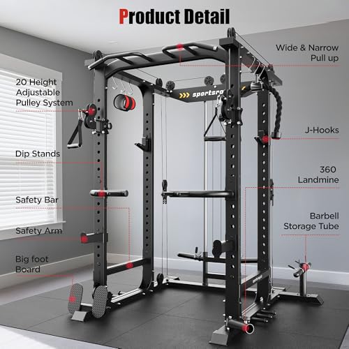 SPORTSROYALS Power Rack, Multi-Functional Power Cage, Squat Rack with Pulley System & LAT Pull Down, Workout Cage with J Hooks for Home Gym - color: Black, style: Power Cage Only