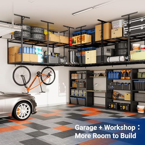 FLEXIMOUNTS 4x8 2-Tier Garage Ceiling Storage Rack, Black | 1000 lbs Capacity, Adjustable Height Overhead System, Heavy Duty Metal Shelving, Ideal for 9-15 ft High Ceilings