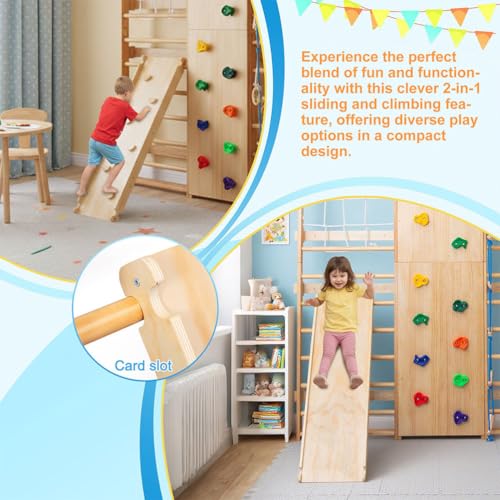 10-in-1 Swedish Ladder Wall Gym Set, Wooden Indoor Climbing Frame for Kids and Adults with Slide, Swing, Rock Climbing Wall, Gymnastic Rings, Rope Ladder, and Pull-Up Bar, Home Playground