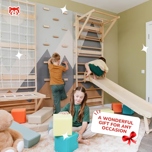 WoodandHearts 5in1 Modular Swedish Wall Gym Set for Kids Indoor Active Play – Wooden Swedish Ladder with Adjustable Pull-Up Bar, Rock Climbing and Slide (Base Set+Step-Down Slide+Sit-Up Bar) - style: Base Set + Step-Down Slide + Sit-Up Bar