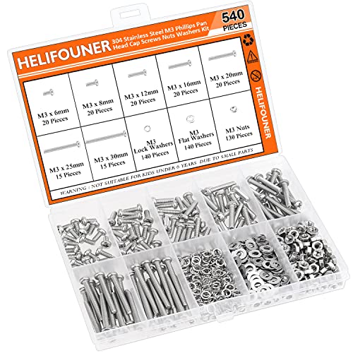 HELIFOUNER 540 Pieces M3 x 6mm /8mm /12mm /16mm /20mm /25mm /30mm, Phillips Pan Head Machine Screws, Metric Screws Bolts Washers Nuts Kit, 304 Stainless Steel - size: M3, style: Phillips Pan Head Machine Screws
