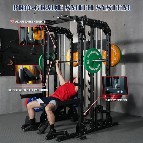 Smith Machine, 2600LBS Squat Rack, 7-in-1 Home Gym Cage with Adjustable Safety Bars, Pull-Up & LAT Pulldown - color: Black, size: P107 Smith Machine with Bench