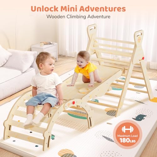 Pikler Triangle Set with Cushion, Wooden Toddler Climbing Toys Indoor | 8-in-1 Montessori jungle gym, foldable pikler triangle and wooden arch, birch plywood & beech round pole - color: Wood