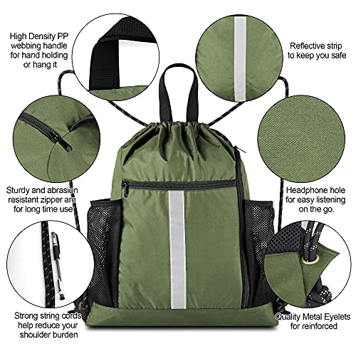 BeeGreen Moss Green Drawstring Bag Pack Sport Cinch Sack with Shoe Compartment and Two Side Mesh Pockets Heavy Duty Gym String Backpack for Unisex - color: Moss Green, style: Drawstring With Shoe Compartment