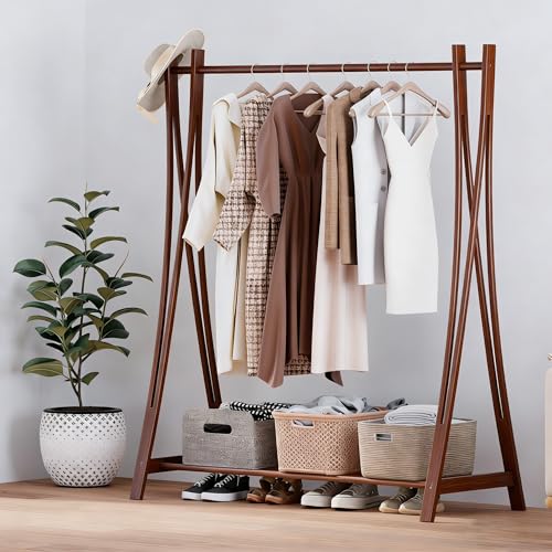 Wooden Retail Display Hanging Clothes Rack with Storage Shelf, 52" W x 57" H Freestanding Heavy Duty Clothing Drying Garment Rack for Hanging Clothes, Coat, Dress, Shirt, Hat - size: 52"W - Walnut