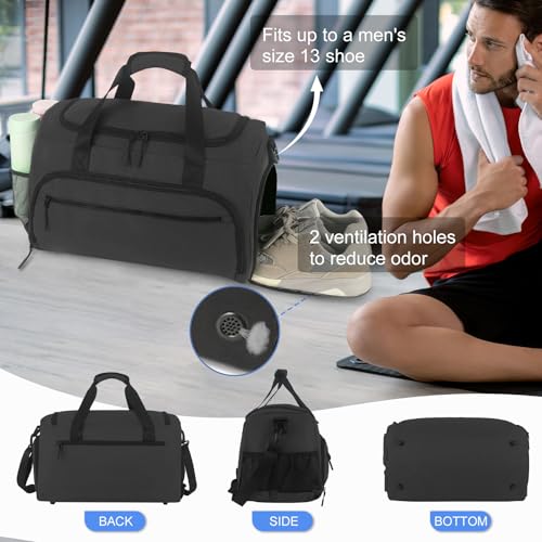Gym Bag for Men Women, Sports Duffle Bag with Wet Pocket & Shoes Compartment, Water Resistant Overnight Weekender Bag Duffel Bag - color: Black
