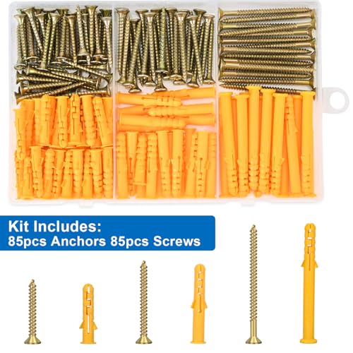Aovchei Drywall Anchors Kit, 170pcs, 85 Plastic Drywall Anchors and 85 Philips Flat Head Screws, 3 Size #6 * 30#6 * 40#6 * 60, Wall Hanging Kit for Hanging Picture Frame, Shelf Brackets, Curtain Rod - size: #6*30 #6*40 #6*60