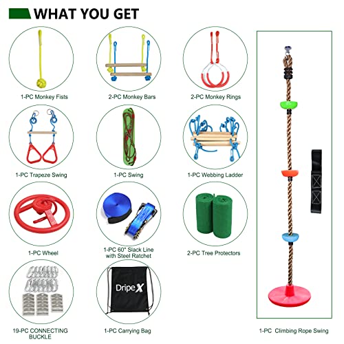 Ninja Obstacle Course for Kids Backyard - 10 Durable Obstacles and 60' Slackline - Outdoor Warrior Obstacle Playset Equipment with Gymnastic Ring, Rope Ladder, Ninja Wheel, Climbing Rope Swing