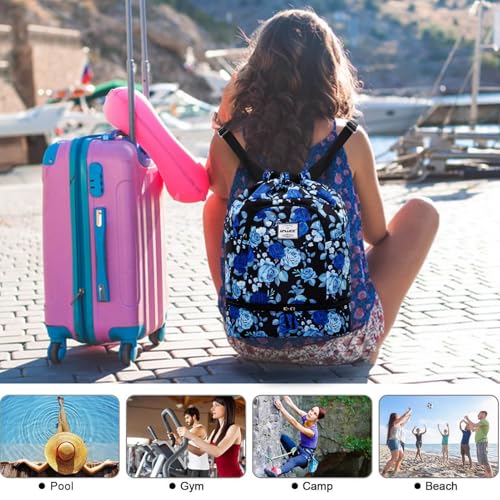 Dry Wet Drawstring Backpack with Shoe Compartment for Women Adjustable Gym Bag - color: Blue Rose