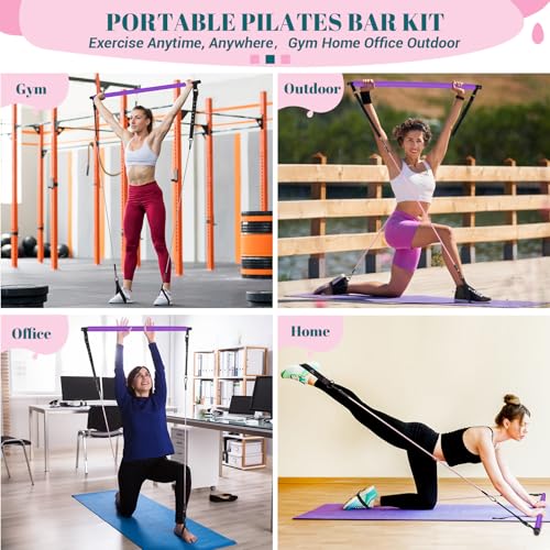 COFOF Pilates Bar Kit with Resistance Bands, Multifunctional Yoga Pilates Bar with Heavy-Duty Metal Adjustment Buckle, Portable Home Gym Pilates Resistance Bar Kit for Women Full Body Workouts - color: Purple