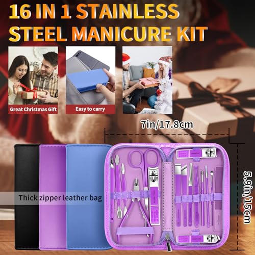 Manicure Set 16Pcs Nail Clippers Set Manicure Kit Professional Stainless Steel Pedicure Kit Nail Care Kit for Women Men with Luxurious Travel Bag, Suitable for Home, Travel, and Salon (Blue) - color: 16Pcs-Blue
